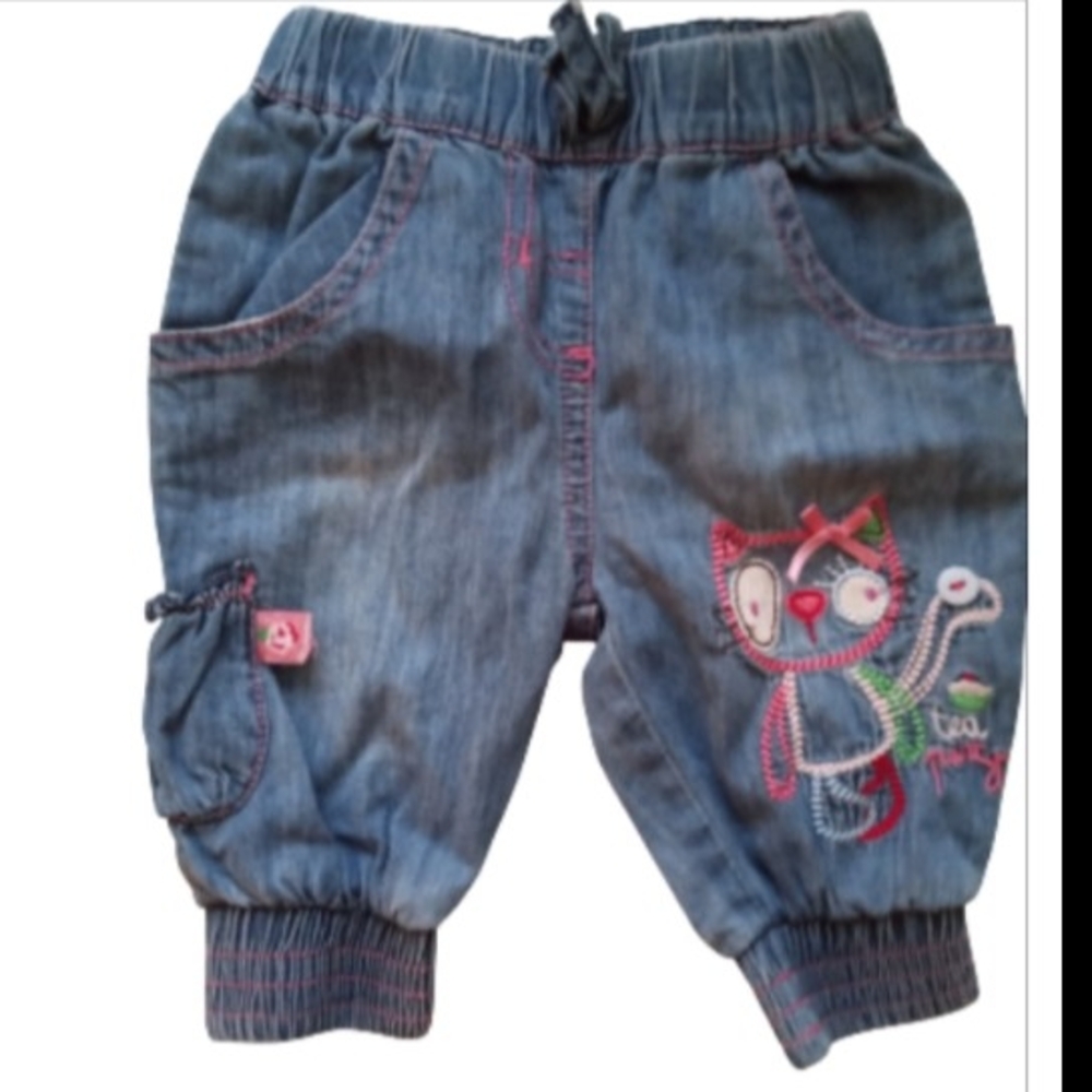 💫Babaluno NB Denim Kids Bottoms with Cat Embroidery 0-3M